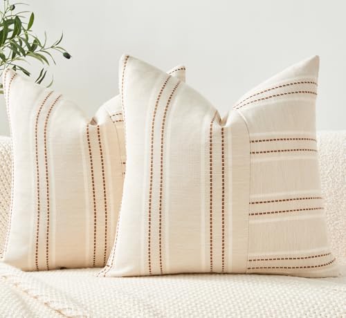 Throw Pillow Covers Set of 2 18x18 Inch Striped Pillow Covers, Soft Decorative Cotton Neutral Brown Textured Case for Couch Sofa Bed Living Room, Home Modern Farmhouse Cute Decor - color: Brown, size: 18" x 18" (Pack of 2)
