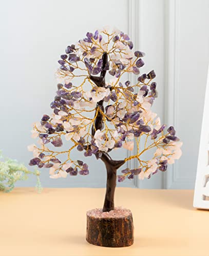 Crocon® Amethyst & Rose Quartz Crystals Tree Home Decor, Birthday Gifts for Women, Sister Gemstone Gift for Her Money Tree Crystals and Healing Stones House Warming Gift New Home, Pink Decor Present - color: Amethyst + Rose (Golden Wire)