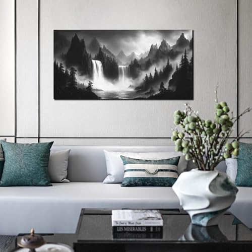 HUBOSKN Mountain Wall Pictures for Living Room Decor - Black and White Wall Art Bedroom - Waterfall Canvas Wall Art for Office Size 20" x 40" - color: Black and White, size: 40"L x 20"W