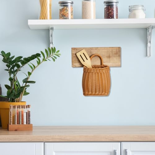 Imitation Rattan Woven Basket Wall Hanging Storage Organizer with Handle for Kitchen Herbs Fruits Vegetables and Home Decor 9.6X6.1X4.3 Inch