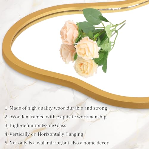 AAZZKANG Large Wall Mirror with Wood Framed 22"x12" Gold Irregular Hanging Mirrors Asymmetrical for Bathroom Bedroom Living Room Entryway - color: Gold, size: 22"L x 12"W