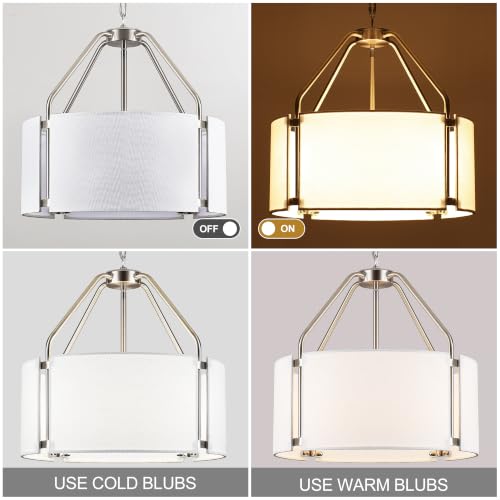 18 Inches Drum Chandeliers, Silver Drum Pendant Light Fixture with White Linen Fabric Shade, White Chandelier Adjustable Modern Farmhouse Hanging Lights for Dining Room Bedroom Kitchen Foyer - color: 18Inch Nickel&White
