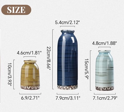Ceramic Vase Set of 3, Farmhouse Decorative Vase for Pampas Grass, Living Room, Bathroom,Bookshelf, Centerpieces (Blue/Navy Blue/Yellow) - color: Blue-vt 1