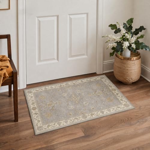 Bavni 2x3 Entryway Rug Bathroom Rugs for Front Door Bedroom Bathroom Kitchen, Washable Vintage Oriental Floral Carpet, Lightweight Rug with Non Slip Backing, Warm Gray - color: Warm Gray, size: 2' x 3' (Rectangular)