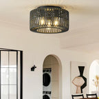 12.6”Rattan Flush Mount Ceiling Light Fixtures, 3-Light Boho Light Fixture Rattan Hand-Woven Chandelier Close to Ceiling Light Fixture for Bedroom Hallway Kitchen Dining Room Nursery(Black) - color: 12.6”Black