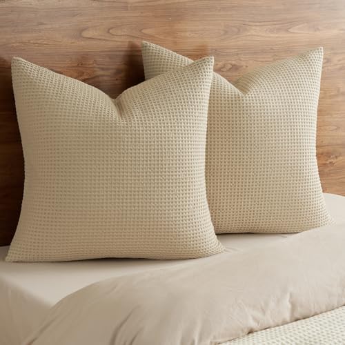 PHF 100% Cotton Waffle Weave Throw Pillow Cover, 24" x 24", No Filling, 2 Pack Elegant Home Decorative Square Throw Pillow Covers for Bed Couch Sofa, Khaki - color: Khaki, size: 24" X 24" (Pack of 2)