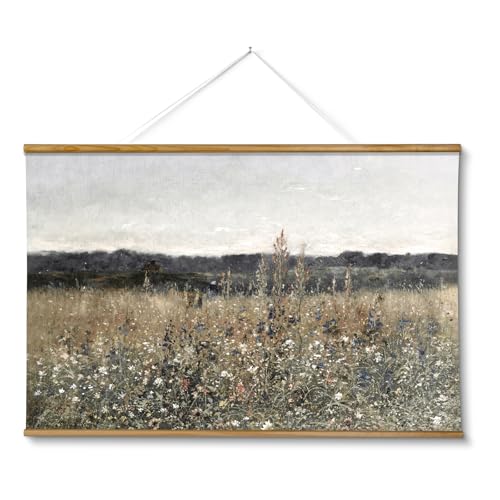 ARPEOTCY Extra Large Vintage Framed Wall Art, 36x54 Inch Flower Meadow Landscape Hanging Framed Wall Art Decor for Living Room Bedroom, Canvas Prints, Retro Scenery Pictures Above of Bed - color: Flower Field