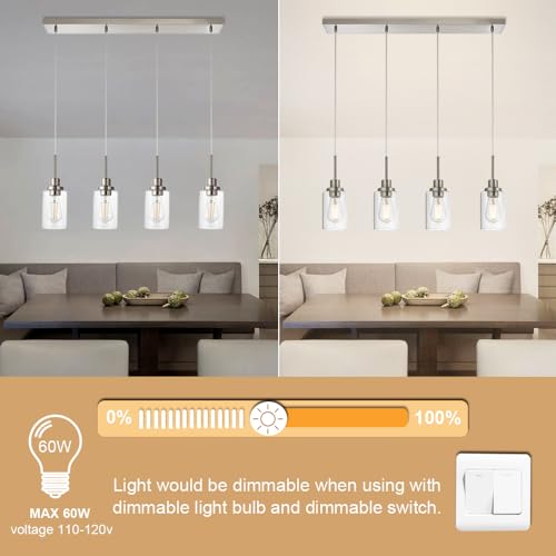 4-Lights Pendant Light Fixtures, Modern Brushed Nickel Kitchen Island Lighting with Clear Glass Shade, Adjustable Hanging Ceiling Lamp - color: Brushed Nickel, size: 4-Light