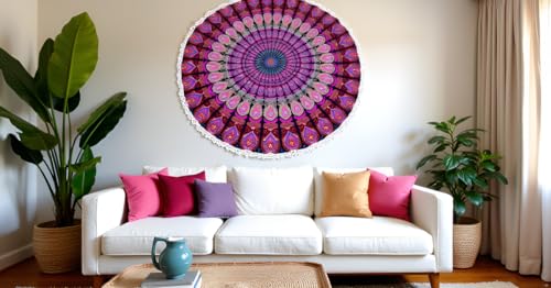 Round Beach Tapestry Mandala Boho Hippie Blanket Cotton Bohemian Large Table Cloth Home Decor Yoga Mat Meditation Picnic Rug Throw Hippy Boho Gypsy Tablecloth Roundie 42 Inches Pink And White - color: Pink And White, size: 42"L x 42"W