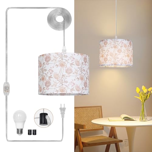 CINSARY Pendant Light with Flower Fabric Shade, Pendant Lights Kitchen Island with Dimmable Switch, Hanging Lamp with 15 ft Clear Cord, Hanging Lamp for Bedroom Dining Room Living Room (Bulb Included) - color: Flower-1