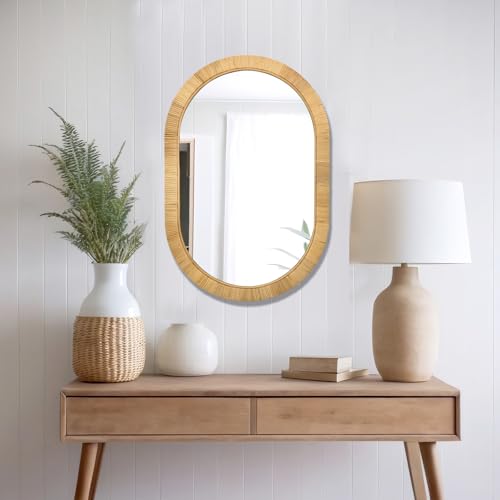 FUIN Handcrafted Rattan Oval Wall Mirror 20x30 – Natural Woven Wicker Frame for Boho Living Room & Entryway – High-Definition Shatter-Resistant Mirror – Vertical or Horizontal Biophilic Home Decor