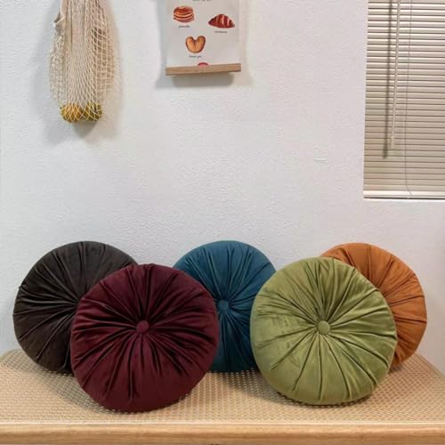 Round Throw Pillow, 13.7” Round Floor Pillow Pumpkin Pleated Round Pillow Cushion for Couch Dutch Velvet Decorative Throw Pillow for Sofa Chair Bed Living Room, Coffee - color: Coffee