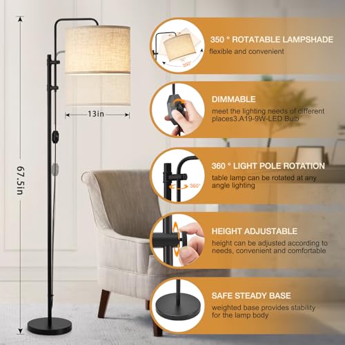 GyroVu Floor Lamp for Living Room, Adjustable Height Standing Lamps with 350° Rotate Beige Lampshade, 67.5-Inch Modern Tall Lamp Dimmable Floor Lamps for Corner Bedroom Home Office (Bulb Included) - color: Linen Fabric Shade