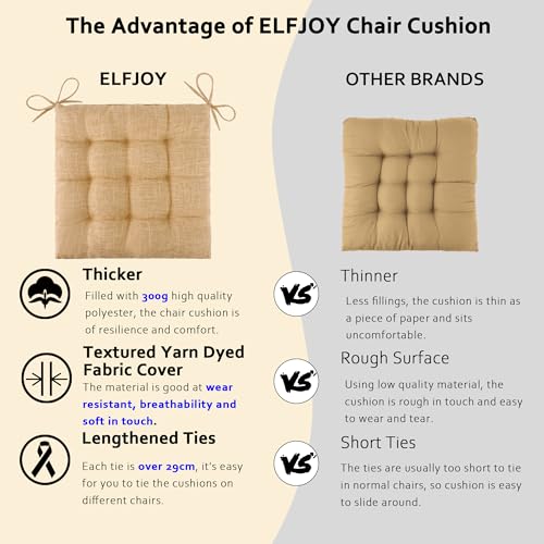 ELFJOY 4 Pack Chair Cushions for Dining Chairs Chair Pads Cushion for Kitchen Office Tufted Textured Square Seat Cushion with Ties (16" Khaki) - color: Khaki