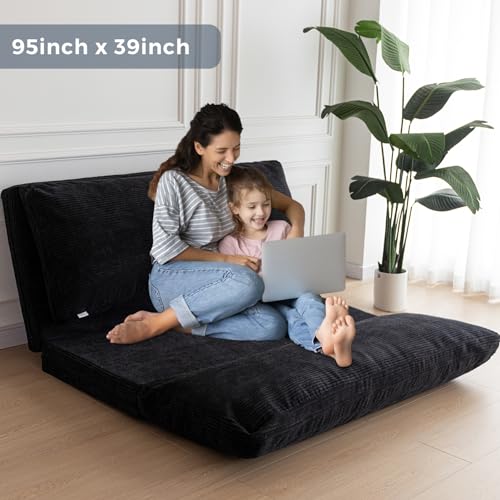 MAXYOYO Folding Sofa Bed, Extra Thick and Long Floor Sofa Convertible Chair with Washable Cover, Floor Couch Lounge Bean Bag Bed for Living Room, Black, 39x91 Inch - color: Black, size: Classic Twin