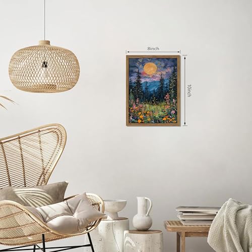 Framed Nature Forest Canvas Wall Art, Full Moon above Wildflowers and Woodland Painting, Midnight Floral Trees Art Print, Farmhouse Nature Wall Decor for Bedroom Living Room 8x10 inch - color: Ink Landscape Painting, size: 10"L x 8"W