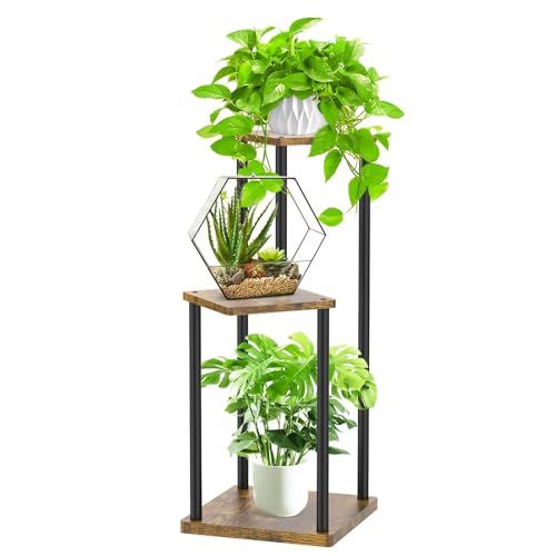 Oppro 3 Tier Corner Plant Stand Indoor, Metal Wood Flower Pot Holder Shelf, Multiple Display Rack Square Table for Living Room Bedroom Orchid Outdoor Balcony Garden Patio, Modern Black & Rustic Brown - color: Black-3 Tier