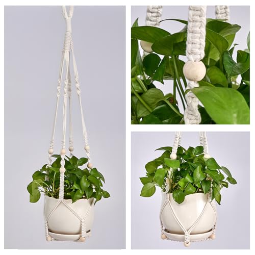 Macrame Plant Hanger Set of 2, 35 Inch Indoor Hanging Planter with 4 Hooks, Macrame Plant Hangers for Pots, No Tassels Boho Home Decor, Ivory (Pots Not Included) - color: Ivory