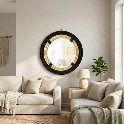 12" Inch Round Rustic Farmhouse Boho Shabby Chic Wall Hanging Mirror with Natural Jute Rope Decor Accent for Entryway, Bedroom, or Living Room (Color 1) - color: Color 1
