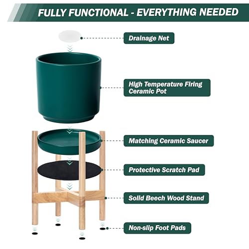 D'vine Dev Ceramic Planter with Natural Stand - 8 Inch Modern Round Flower Pot with Wood Planter Holder, Teal, 55-B-N-4 - color: Teal Pot + Natural Stand, size: 8 Inch