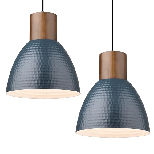 ELYONA 2 Pack Modern Hammered Pendant Lights 10.2” Blue Solid Wood Hanging Lamp, Adjustable Height, Industrial Metal Pendant Lighting for for Farmhouse, Kitchen Island, Dining Room,Bedroom,Bar,Office - color: Blue - 2 Pack