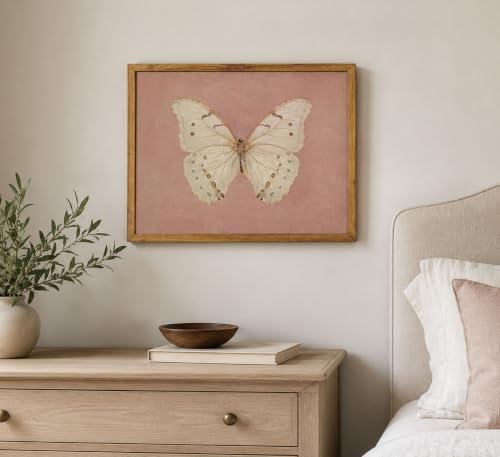 Framed Vintage Butterfly Canvas Wall Art Antique White Moth Picture Pink Aesthetic Poster Print Neutral Moody Insect Painting Farmhouse Wall Decor for Living Room Bedroom Dorm Office 12x16in - color: Butterfly, size: 16"L x 12"W