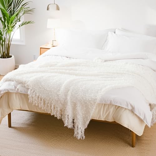 Winter Knit Throw Blanket Fluffy Fuzzy Soft Lightweight Cozy Farmhouse Tassels Chunky Knitted Throws for Couch Sofa Bed (White, 50"x60") - color: White, size: 50"x60"