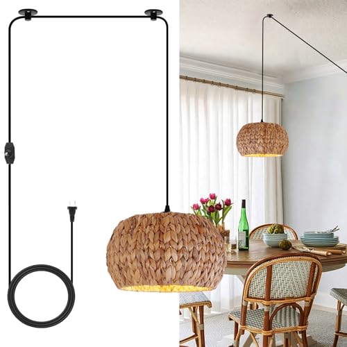 HuisMier Rattan Plug in Pendant Light Boho Hanging Lights with 15 Ft Plug in Cord & Dimmable Switch, Hand Woven Lampshade Boho Hanging Lamp for Kitchen Island Dining Room Bedroom - color: Brown Drum