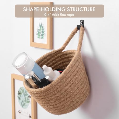 Fabric Wall Hanging Baskets - 3Pack Woven Pouchs Boho Style Wall Mounted Bag with Adhesive Hooks, Storage Organizers and Decoration Pocket Caddy Bins on Door Rack (Linen & Black, Large) - color: Linen & Black