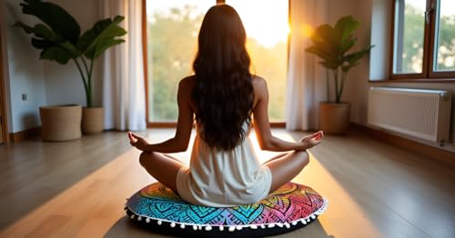 Round Mandala Floor Pillow Cover Seating Cushion Throw Cover Hippie Decorative Bohemian Ottoman Pouf Cover, Pom Pom Pillow Cases,Boho Indian 22 Inches (Multi Flower) - color: Multi Flower