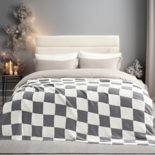 Snuggle Sac Faux Fur Checkered Blanket Twin Size with Soft Knitted Microfiber Fabric,Cozy Soft Warm Blanket for Sofa Bedroom Living Room,Grey Checker,60x80 inches - color: Grey White, size: Twin(60"x80")