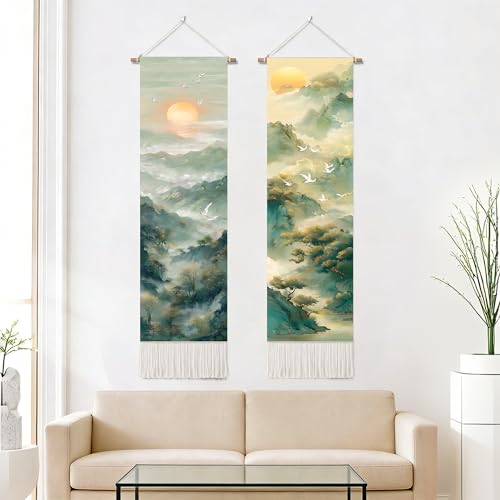 seewan 2 Pack Long Vertical Wall Tapestry, Boho Nature Landscape & Floral Aesthetic Wall Hanging for Bedroom Living Room Home Decor, Long Narrow Art Tapestry with Sunrise Mountain Botanical Designs, 13" × 51" (Mist Mountain Layers, 13"Wx51"H, Unframed) -
