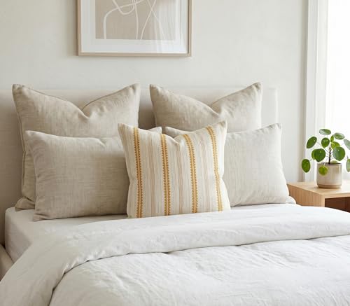 SanVia Cotton Throw Pillow Covers 20x20 – Handwoven Jacquard Texture, Fade-Resistant, No Pilling – Hidden Zipper, Decorative Cushion Cover for Sofa, Couch, Bed – Insert Not Included (Striped, White) - color: Ivory Gold, size: 20" x 20"