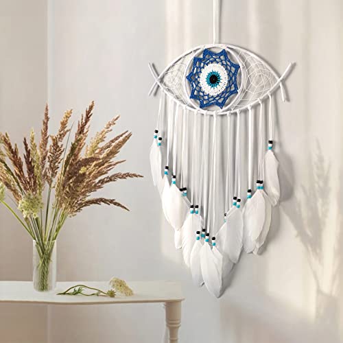 Dremisland Evil Eye Dream Catcher-White Dream Catchers Handmade Feather Evil Eye Wall Hanging Ornament Home Decoration for Bedroom Livingroom Yard, Blessing Craft Gift Bring Good Luck (Pure White) - color: Pure White