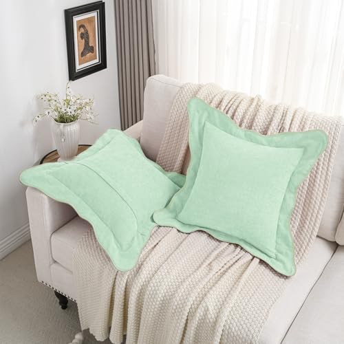 FUTEI Pack of 2 Solid Scalloped Bordered Throw Pillow Covers 18x18 Inch Soft Chenille Decorative Cushion Cases Farmhouse Accent for Couch Bed Living Room, Aqua - color: Aqua, size: 18" x 18" (Pack of 2)