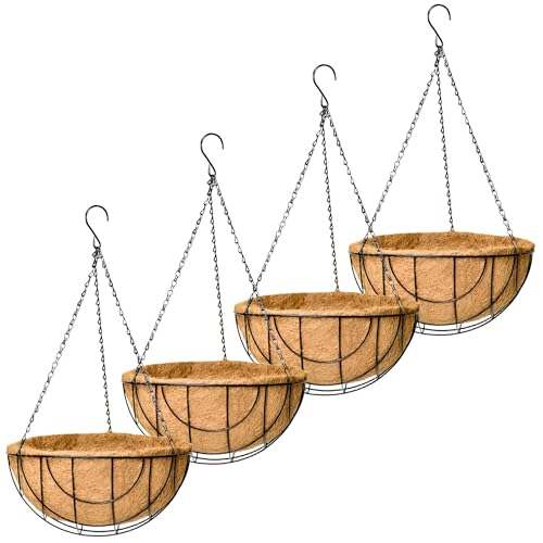 EIMQUVW Outdoor Metal Hanging Planters Basket (4pack, 14 inch) Hanging Baskets for Plants Chain Round Wire Plant Holder with Coco Fiber Liners for Garden, Patio, Deck, Porch(Grid)