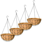 EIMQUVW Outdoor Metal Hanging Planters Basket (4pack, 14 inch) Hanging Baskets for Plants Chain Round Wire Plant Holder with Coco Fiber Liners for Garden, Patio, Deck, Porch(Grid)