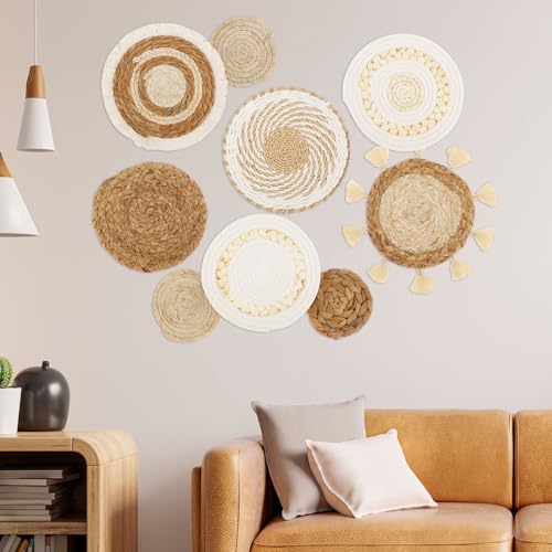 KOUISYY 9PCS Boho Wall Basket Decor, Hanging Rustic Woven Basket Wall Decor, Handmade Wicker Wall Decor Bohemian Round Wall Art, Decorative Seagrass Basket Rattan Wall Hanging for Bedroom Dining Table