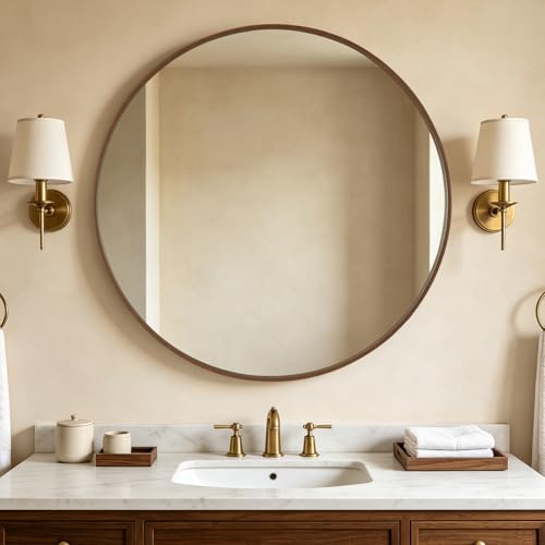 WallBeyond Round Wood Mirror, 40" Round Modern Decoration Large Circle Wall Mirror for Bathroom Living Room Bedroom Entryway, Walnut - color: Walnut, size: 40"L x 40"W
