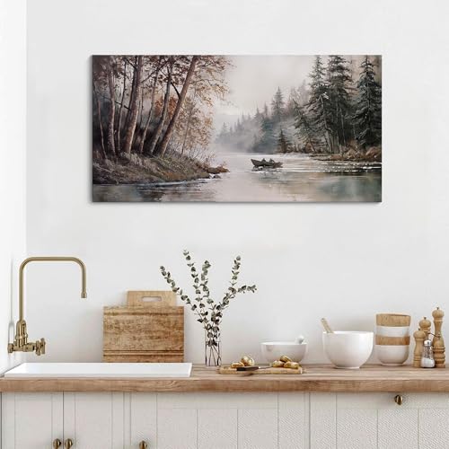 HGUAOA Mountain Canvas Wall Art Rustic Lake Landscape - Nature & Forest Scenery Paintings Pictures for Living Room & Bedroom Wall Decor Vintage Artwork for Walls - color: Rustic, size: 40"L x 20"W