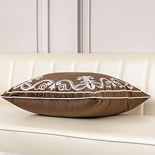Aeckself European Floral Pillow Cover 18x18 Inch, Luxury Velvet Embroidered Decorative Throw Pillow Cover for Couch Bedroom Living Room, Brown and White - color: Brown, size: 18" x 18" (Pack of 1)