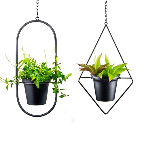 Modern Metal Hanging Planters Set of 2 - Geometric Diamond and Oval Plant Hangers with 5 inch Pots - Black Wall or Ceiling Mount Flower Holders for Indoor and Covered Outdoor Décor - size: OVAL+DIAMOND - 5 INCH POT
