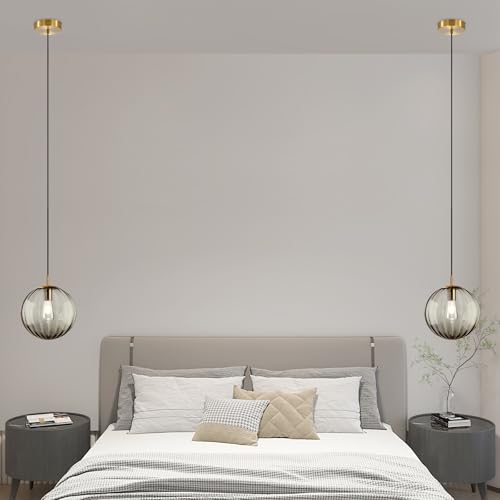Modern Smoke Grey Glass Pendant Light, Kitchen Island Lighting 2-Pack Globe Pendant Light Fixtures Century Kitchen Island Pendant Lighting for Bedroom Living Dining Room Light Fixture (Without Bulb) - color: BW-Smoky Gray-1 Light-2PC