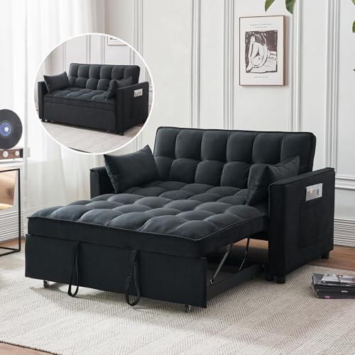 Futon Sofa Bed,Modern 3 in 1 Convertible Sleeper Sofa, Pull Out Couch Bed with Adjustable Backrest, Storage Pockets and Toss Pillows for Living Room, Bedroom (Black) - color: Black