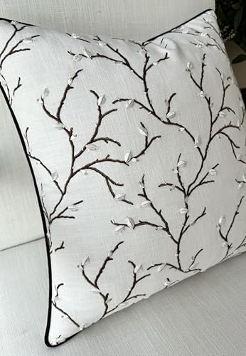 VAGMINE Embroidered Branch Botanical 18x18 Throw Pillow Cover - Ivory Cotton Square Cushion for Sofa Couch Bed - Cottagecore Farmhouse Spring Decor - Pussy Willow - color: Ivory-pussy Willow, size: 18" x 18" (Pack of 1)