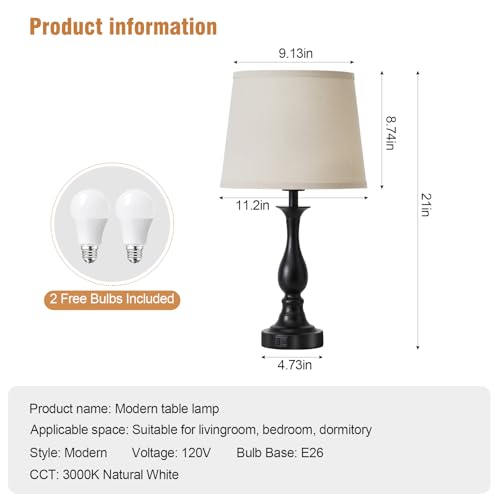 Bedside Table Lamp Touch Control Bedroom Lamps with USB A and C Charging Port 3 Way Dimmable Touch Lamps for Nightstand Living Room Bedroom Dorm Home Office Reading, Set of 2 - color: Black