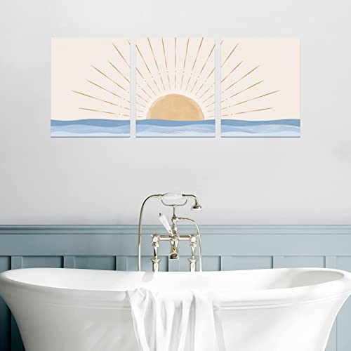 Boho Wall Art Set of 3, Neutral Geometric Sun Rising on the Sea Minimalist Art Framed Canvas Prints Artwork, Mid Century Modern Boho Sun Wall Art Decor for Bathroom, Bedroom, Living Room, Office - size: 12x16Inchx3pcs-Framed