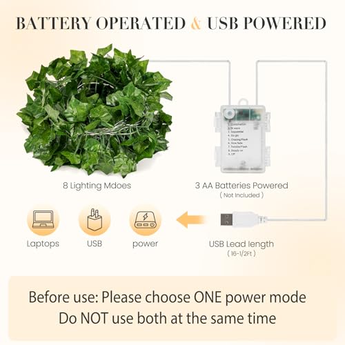 KASZOO 33ft 100 LED Vine with Fairy Lights with Remote, Fake Vines String Lights Battery/USB Operated, Ivy Garland, Leaf Lights for Bedroom Garden Party Wall Room Decor - color: IVY-USB/Battery Powered-100 LED-Copper Wire