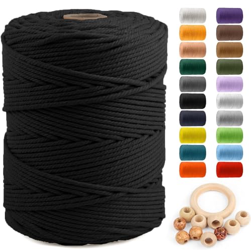 Macrame Cotton Cord 5mm x 328yds, ZUEXT Natural Handmade Black Braided Cords 4 Strands Knitted Rope String for Craft Wall Hanging Weaving Tapestry Dream Catchers Hanger DIY Gift (300m) - color: Black, style: 5mm x 300m