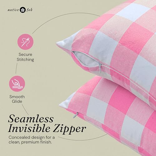 Native Fab Premium Throw Pillow Covers 2 Pack, 16x16 Inches, 100% Cotton, Charming Buffalo Check, Soft, Washable Cushion Cases, Farmhouse Decor for Valentines, Bridal Shower, Home, Rose Pink & White - color: Buffalo Rose Pink, size: 16" x 16" (Pack of 2)